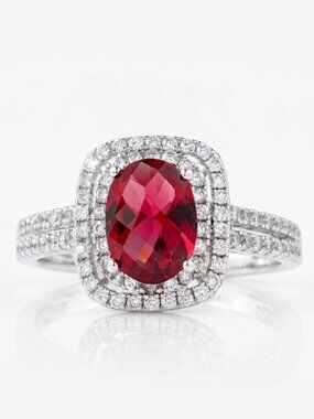 Oval Halo Red Ruby Gemstone Ring, 925 Sterling Silver